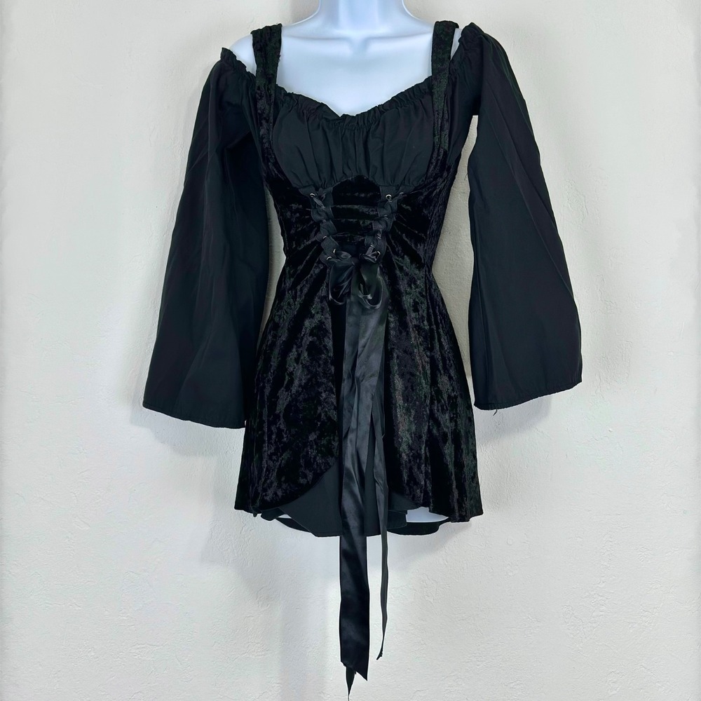 Goth Witchy Renaissance Mini Dress Size Small Black Velvet Corset Milkmaid Vamp